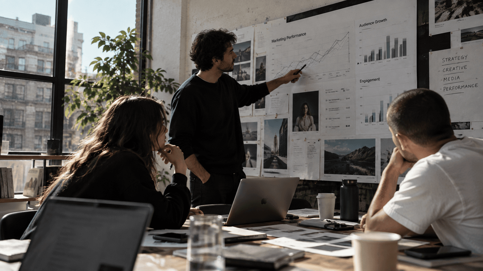 Marketing data reports and charts laid out on a desk